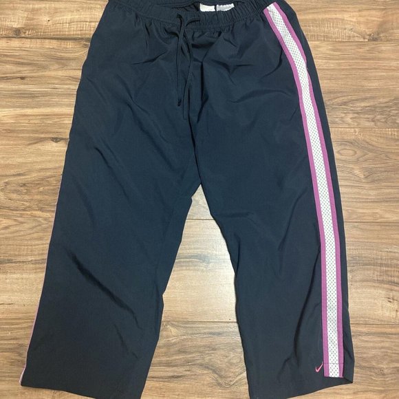Vintage Nike Track Pants Womens Large Black Wide Leg Cropped Capri Pink Striped - Picture 1 of 4